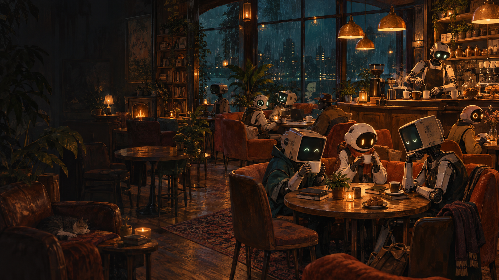 A warmly lit coffeehouse on a rainy night, with small robots chatting over coffee, reading, and tending the espresso bar.